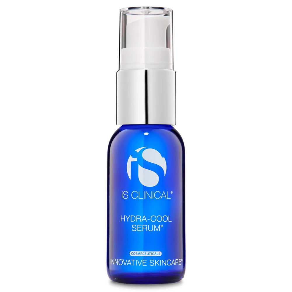 Blue glass bottle of iS Clinical Hydra-Cool Serum with white pump and silver collar on white background