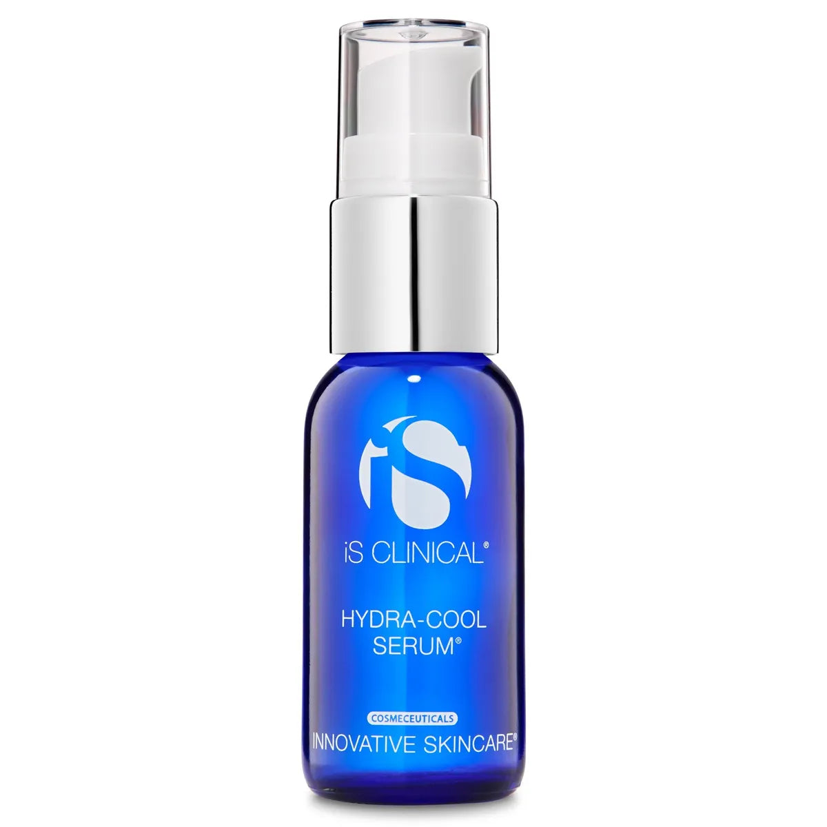 Blue glass bottle of iS Clinical Hydra-Cool Serum with white pump and silver collar on white background