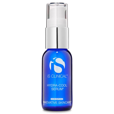 Blue glass bottle of iS Clinical Hydra-Cool Serum with white pump and silver collar on white background