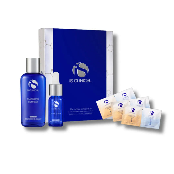 iS Clinical Limited-Edition Active Collection with blue Cleansing Complex bottle, Active Serum dropper bottle, blue box, and four sachets