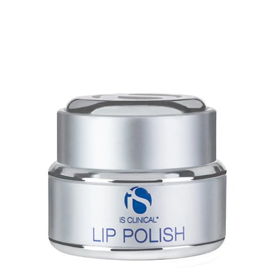 Silver jar of iS Clinical Lip Polish with blue logo and text on white background