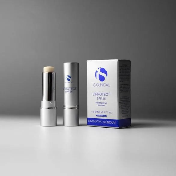 iS Clinical LiProtect SPF 35 stick with silver cap removed and matching box on white surface
