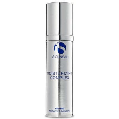 Silver cylindrical pump bottle of iS Clinical Moisturizing Complex with blue logo and text on white background