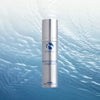 Silver pump bottle of iS Clinical Moisturizing Complex with blue text on water ripple background