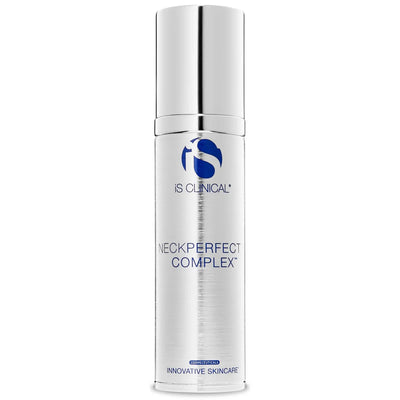 Silver cylindrical bottle of iS Clinical NeckPerfect Complex with blue logo and text on white background