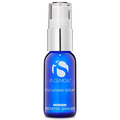 Blue glass bottle of iS Clinical Poly-Vitamin Serum with silver pump and clear cap on white background