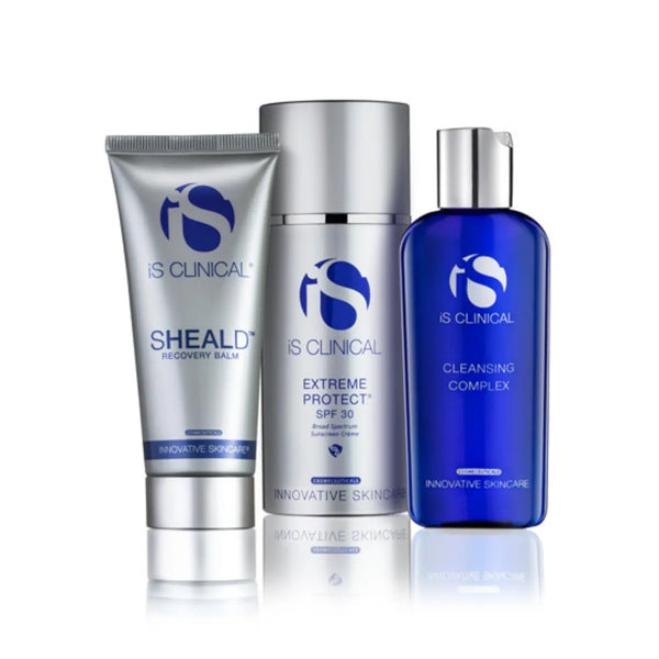 iS Clinical Post-Peel Collection with Sheald Recovery Balm tube, Extreme Protect SPF 30 pump bottle, and Cleansing Complex blue bottle