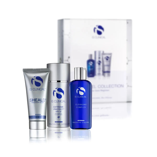 iS Clinical Post-Peel Collection with Sheald Recovery Balm tube, Extreme Protect SPF 30 pump bottle, and Cleansing Complex blue bottle
