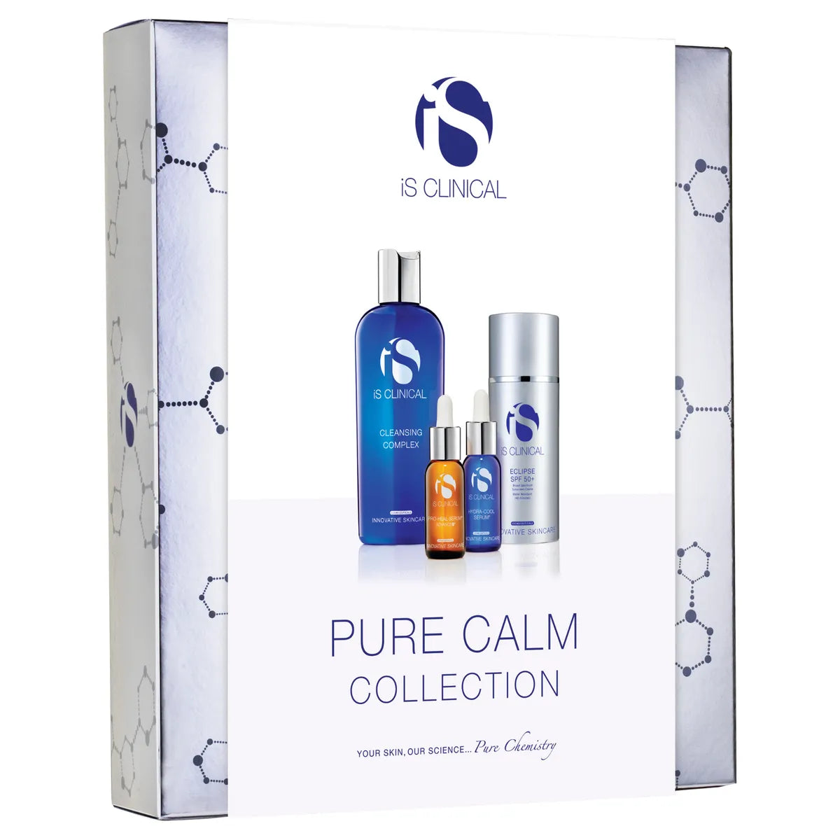 iS Clinical Pure Calm Collection box with Cleansing Complex, Pro-Heal Serum Advance+, Hydra-Cool Serum, and Eclipse SPF 50+