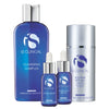 Four iS Clinical Pure Clarity Collection products including Cleansing Complex, Active Serum, Hydra-Cool Serum, and Eclipse SPF 50+ sunscreen