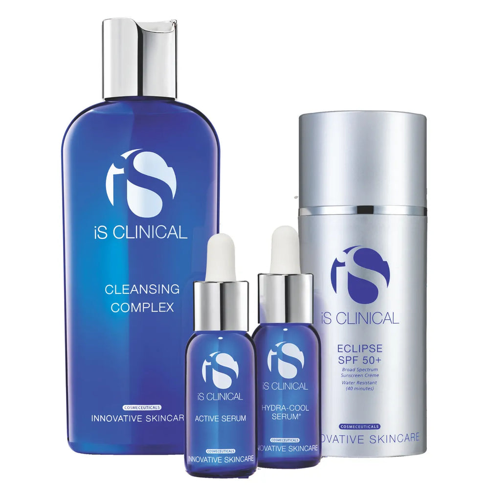 Four iS Clinical Pure Clarity Collection products including Cleansing Complex, Active Serum, Hydra-Cool Serum, and Eclipse SPF 50+ sunscreen