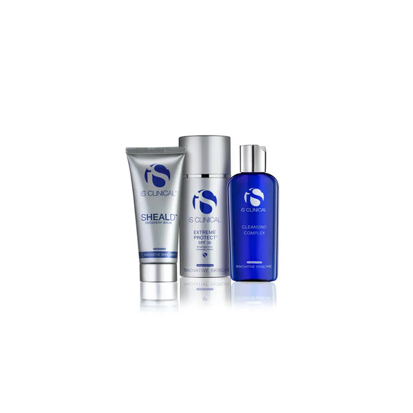 iS Clinical Pure Radiance Collection with Sheald Recovery Balm tube, Extreme Protect SPF 30 pump, and Cleansing Complex blue bottle