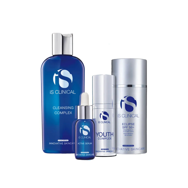Four iS Clinical Pure Renewal Collection products including Cleansing Complex, Active Serum, Youth Complex, and Eclipse SPF 50+ in blue and silver packaging