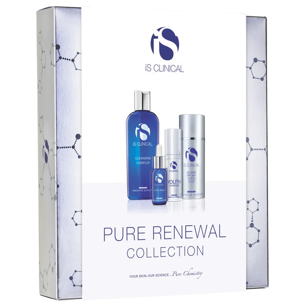 iS Clinical Pure Renewal Collection box showing four skincare products in blue and silver bottles on white background