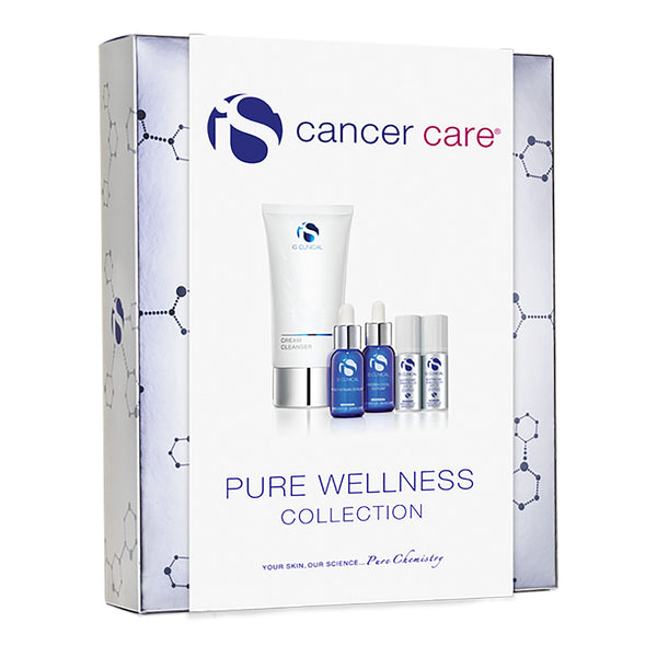 iS Clinical Cancer Care Pure Wellness Collection box showing cream cleanser tube, two blue dropper bottles, and two small silver pump bottles