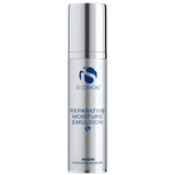 Silver cylindrical bottle of iS Clinical Reparative Moisture Emulsion with shiny cap