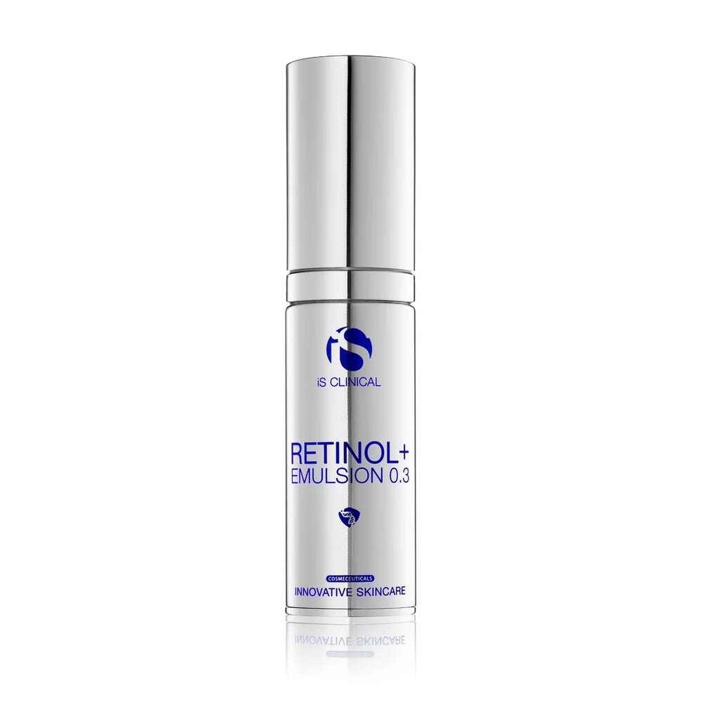 Silver pump bottle of iS Clinical Retinol+ Emulsion 0.3 with blue text on white background