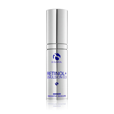 Silver pump bottle of iS Clinical Retinol+ Emulsion 0.3 with blue text on white background