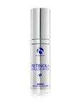 Silver pump bottle of iS Clinical Retinol+ Emulsion 0.3 with blue text on white background