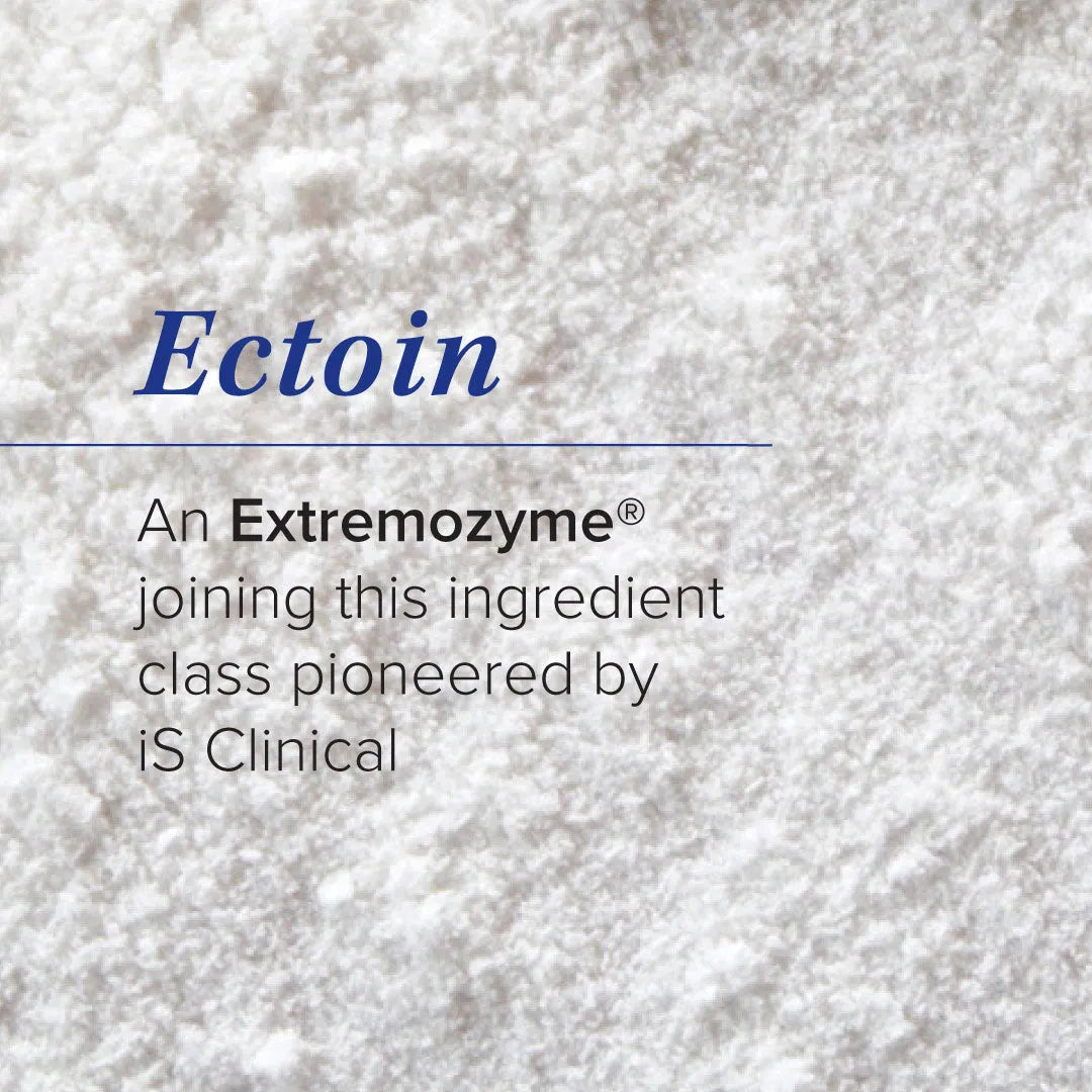 Close-up of white powder texture with text describing Ectoin as an Extremozyme ingredient pioneered by iS Clinical