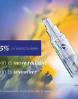 iS Clinical Retinol+ Emulsion 0.3 silver pump bottle with blurred yellow and purple floral background