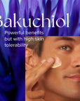 Close-up of man applying cream to cheek with blue flower background and Bakuchiol text