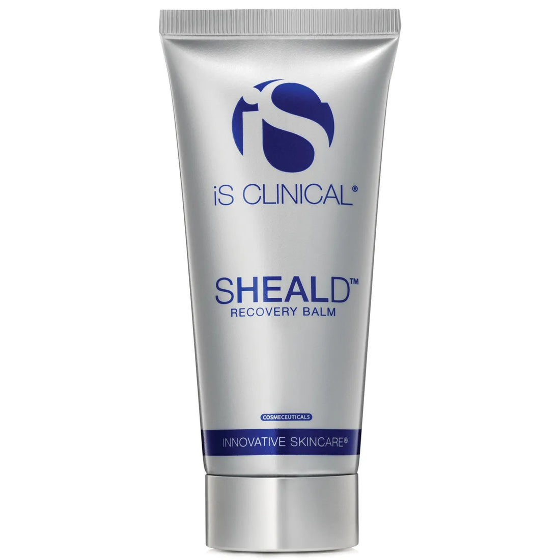 Silver tube of iS Clinical SHEALD Recovery Balm with blue logo and text on white background