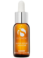 Amber glass dropper bottle of iS Clinical Super Serum Advance+ with silver cap on white background