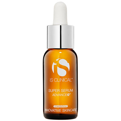 Amber glass dropper bottle of iS Clinical Super Serum Advance+ with silver cap on white background