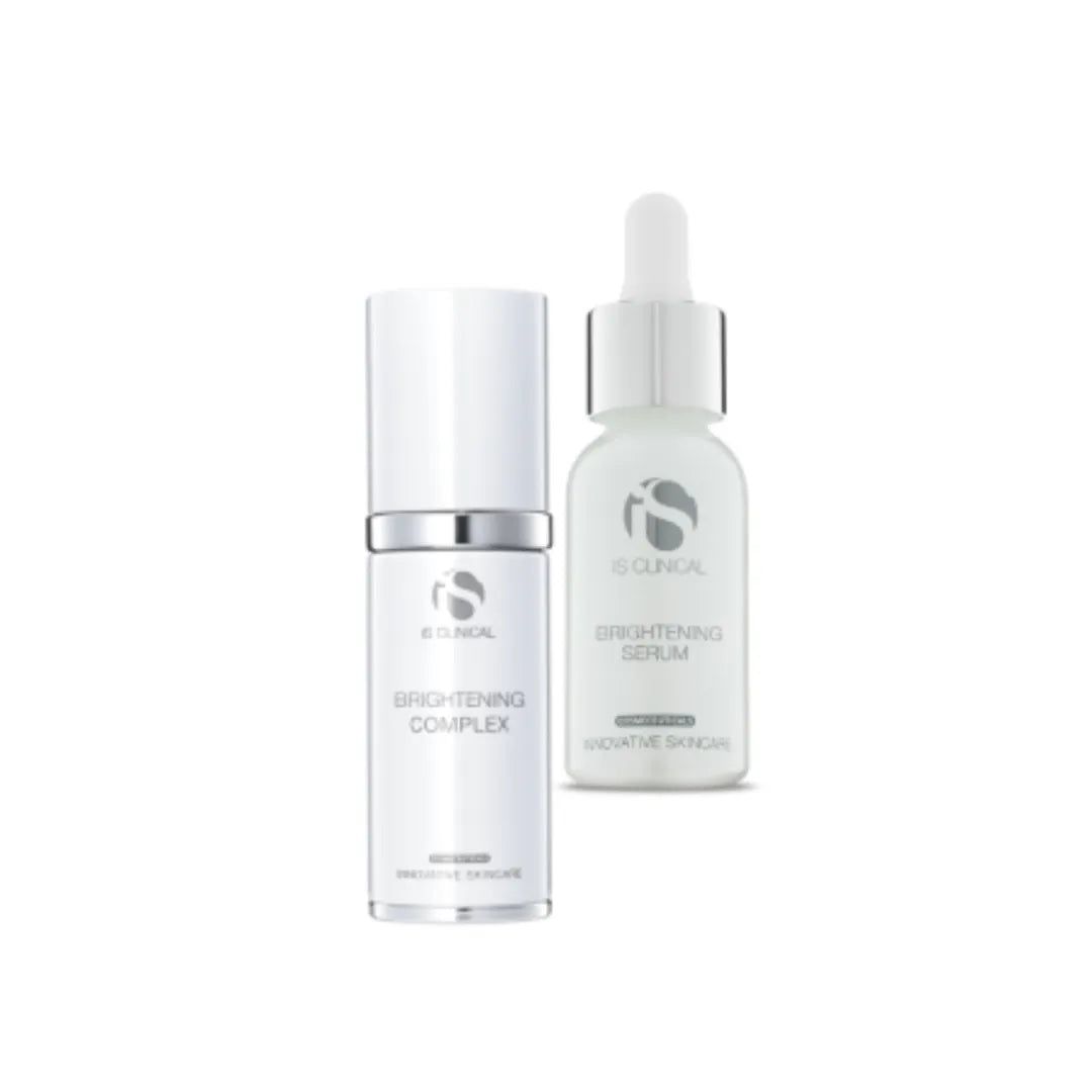 iS Clinical Brightening Complex in a white pump bottle and Brightening Serum in a frosted dropper bottle