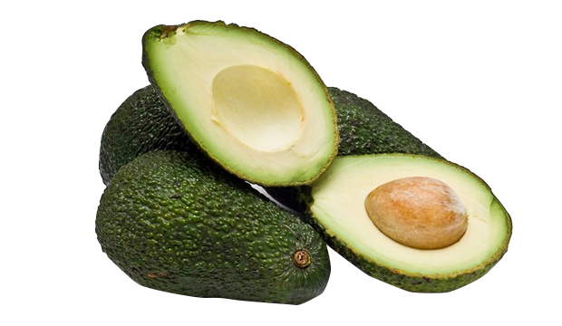 Whole and halved avocados showing green flesh and brown seed on white background