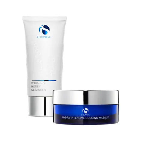 iS Clinical Warming Honey Cleanser in white tube and Hydra-Intensive Cooling Masque in blue jar with silver lid on white background