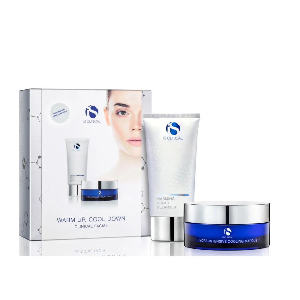 iS Clinical Warm Up, Cool Down At Home Facial Regime with Warming Honey Cleanser tube and Hydra-Intensive Cooling Masque jar beside product box