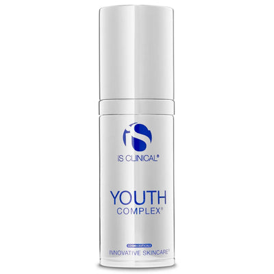 White cylindrical pump bottle of iS Clinical Youth Complex with blue logo and text on clinical-white background