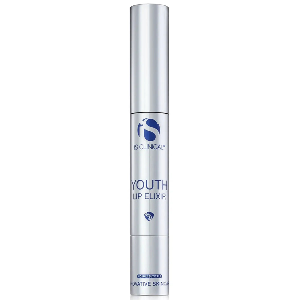 Silver tube of iS Clinical Youth Lip Elixir with blue logo and text on white background