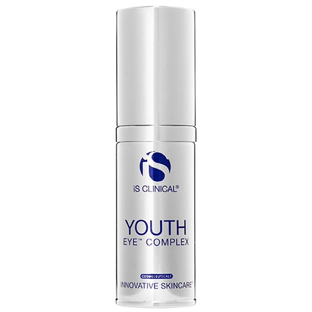 iS Clinical Youth Eye Complex in a white pump bottle with blue logo and text on clinical-white background