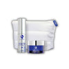 iS Clinical Youth Eye Complex in silver pump bottle and Youth Intensive Crème in blue jar with white cosmetic pouch