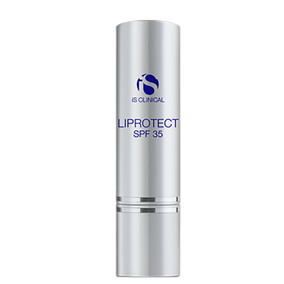 Silver cylindrical tube of iS Clinical LiProtect SPF 35 with blue logo and text on black background